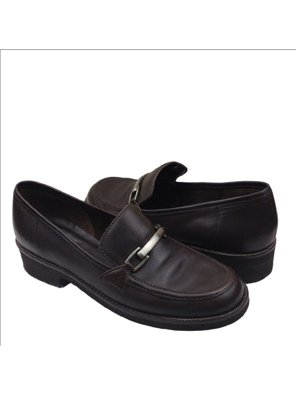 Hunt Club Brown Leather Upper Round Toe Low Square Heel Slip On Loafer Shoe
